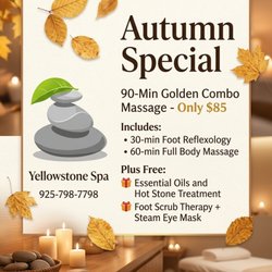 Yellowstone Spa Massage Concord - Autumn Speclal! 90-Min Golden Combo Massage--Only $85!(30min foot Reflexology,60-min Full Body Massage!