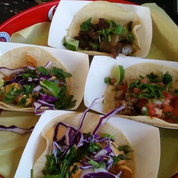 Rusty Taco - Tacos: 2 shrimp,  one beef fajita, one chicken fajita - Tex-Mex Near Me - Dallas, Texas