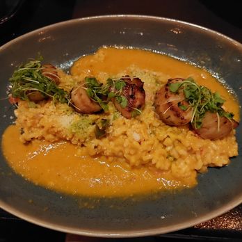 Fire & Oak - Pan Roasted Barnegat Light Day Boat Scallops with Saffron Lobster Risotto + Asparagus + Chive Oil - New American Near Me - Montvale, New Jersey