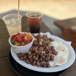 Alice's Restaurant - Cornedbeef hash with fruit, ginger beer and iced coffee. All deeelish! The cornedbeef hash and eggs were phenomenal.