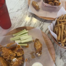 medium/butter garlic wings, hot honey wings & large fry