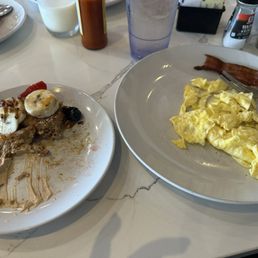 Banana Bread French Toast, eggs scrambled and crispy bacon. Sorry I didn't get a picture before I devoured most of it. Banana Bread French Toast, eggs scrambled and crispy bacon. Sorry I didn't get a picture before I devoured most of it.