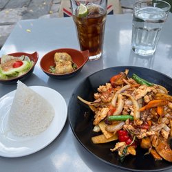 Tue Thai Restaurant - $11.99 Lunch Special: Spicy eggplant with chicken, jasmine rice, salad, dumplings and a drink .