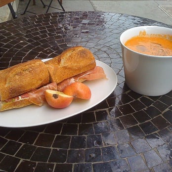 Farm : Table - Prosciutto & Pesto on a Baguette and Cream of Tomato Soup - Coffee & Tea Near Me - San Francisco, California Farm : Table - Prosciutto & Pesto on a Baguette and Cream of Tomato Soup - Coffee & Tea Near Me - San Francisco, California