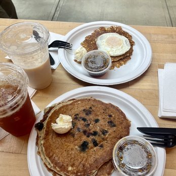 Market Lunch - Top Johnny cake, bottom Blueberry Buckwheat pancake - New American Near Me - Washington, DC, District of Columbia Market Lunch - Top Johnny cake, bottom Blueberry Buckwheat pancake - New American Near Me - Washington, DC, District of Columbia