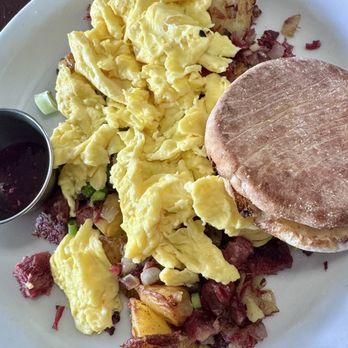 Miracle Mile Cafe - Corned Beef hash with eggs scrambled, home fries, English muffin - Breakfast & Brunch Near Me - San Rafael, California Miracle Mile Cafe - Corned Beef hash with eggs scrambled, home fries, English muffin - Breakfast & Brunch Near Me - San Rafael, California