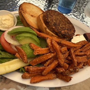 Village Kitchen & Pie Shoppe - Perfectly cooked Veggie Burger with avocado and tomato, and a side of perfectly cooked sweet potato fries. - American Near Me - Carlsbad, California Village Kitchen & Pie Shoppe - Perfectly cooked Veggie Burger with avocado and tomato, and a side of perfectly cooked sweet potato fries. - American Near Me - Carlsbad, California