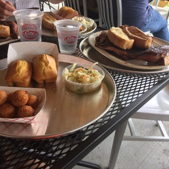 City Barbeque - Judge's sampler: 1/4 chicken, ribs, pulled pork and brisket with Texas toast,  corn breads, sweet vinegar slaw and hush poppies. So yummy! - Barbeque Near Me - Durham, North Carolina