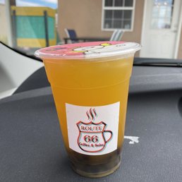 Mango green tea with rock hard boba. Mango green tea with rock hard boba.