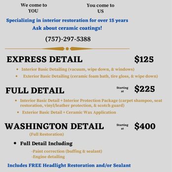 Washington Detailing - Prices - Auto Detailing Near Me - Norfolk, Virginia