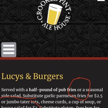 Crooked Pint Ale House - Lucy Burger menu with salad wording - American Near Me - Fargo, North Dakota Crooked Pint Ale House - Lucy Burger menu with salad wording - American Near Me - Fargo, North Dakota