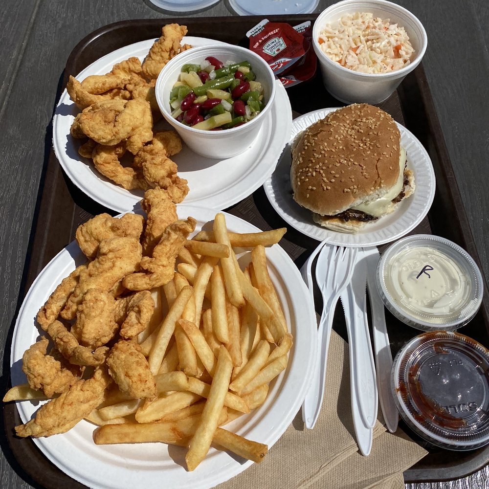 The Ice House - Cheeseburger, chicken fingers, fries and three bean salad - Ice Cream & Frozen Yogurt Near Me - Rye, New Hampshire
