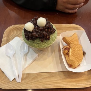 Okrumong - Green Snow Bowl with Red Bean and a mozzarella cheese taiyaki - Desserts Near Me - Torrance, California Okrumong - Green Snow Bowl with Red Bean and a mozzarella cheese taiyaki - Desserts Near Me - Torrance, California