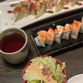 Mihana Restaurant - SF rolls (top), Rainbow Roll, hot tea and salad - Japanese Near Me - Manteca, California