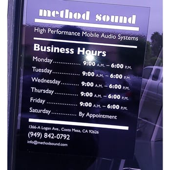 Method Sound - Hours of Operation - Car Stereo Installation Near Me - Costa Mesa, California Method Sound - Hours of Operation - Car Stereo Installation Near Me - Costa Mesa, California