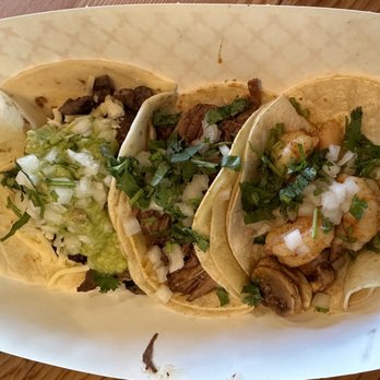 Taco Street - Left to right: Socal taco, Barbacoa taco, Shrimp taco - Tacos Near Me - Tacoma, Washington