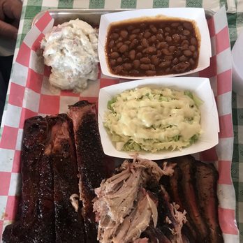 Big Mac's BBQ - Three meat plate including potato salad, spicy beans, and slaw - Barbeque Near Me - Hope, Arkansas