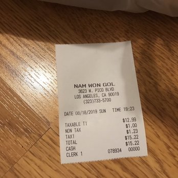 Nam Won Gol - Receipt - Korean Near Me - Los Angeles, California Nam Won Gol - Receipt - Korean Near Me - Los Angeles, California