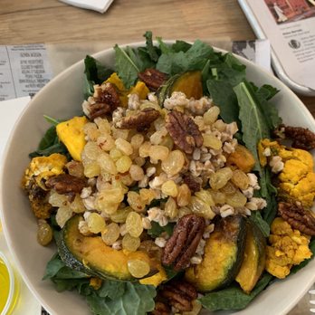 Mottley Kitchen - Why Don't We Mix It Up?~ (Kale Salad W/ Farro, Turmeric Roasted Cauliflower & Squash, Raisins, Candied Pecans)- Olive O. On The Side - Cafes Near Me - Bronx, New York