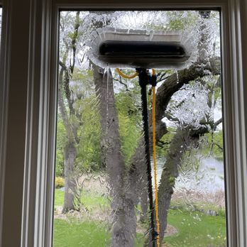 Pain Free Window Cleaning - Rinsing the window well with a water fed pole system! - Window Washing Near Me Pain Free Window Cleaning - Rinsing the window well with a water fed pole system! - Window Washing Near Me