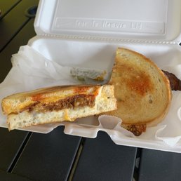 Sourdough bread, American cheese, pepperjack cheese, bacon, and chorizo Sourdough bread, American cheese, pepperjack cheese, bacon, and chorizo