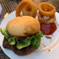 Thirstys - Bison burger with onion rings!