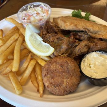 Cantler's Riverside - Crab cake, softshell crab, and rockfish platter with fries and coleslaw - Seafood Near Me - Annapolis, Maryland