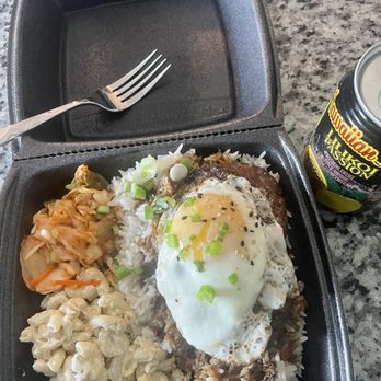 Sharky's Island Bites - Loco Moco lunch plate with kimchi coleslaw and macaroni salad - Acai Bowls Near Me - Wichita, Kansas