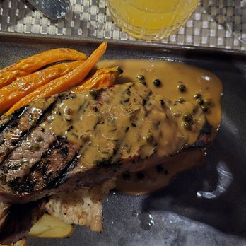 Oak & Vine - New York Strip (shallot-roasted fingerling potatoes, rainbow carrots and cauliflower, and red wine sauce). - Breakfast & Brunch Near Me - Glen Cove, New York