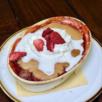 Fig & Ash Wood Fire Kitchen - Strawberry Rhubard Cobbler - mint whipped cream - New American Near Me - Pittsburgh, Pennsylvania Fig & Ash Wood Fire Kitchen - Strawberry Rhubard Cobbler - mint whipped cream - New American Near Me - Pittsburgh, Pennsylvania