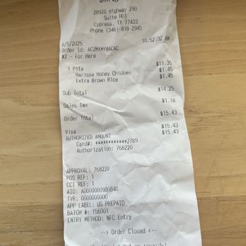 CAVA - Receipt for Harissa Honey Chicken Avocado Wrap - Mediterranean Near Me - Cypress, Texas