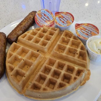 Atlantic Diner - Waffles with turkey sausage, butter and syrup $14.50 - American Near Me - Richmond Hill, New York
