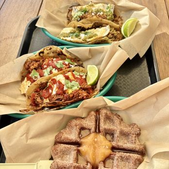 Wandering Ranchero - GREEN CHILE CHORIZO, and AL PASTOR TACOS. Also a Cinnamon Toast Waffle. All were fresh and well prepared just not an authentic taco. - Breakfast & Brunch Near Me - Bend, Oregon Wandering Ranchero - GREEN CHILE CHORIZO, and AL PASTOR TACOS. Also a Cinnamon Toast Waffle. All were fresh and well prepared just not an authentic taco. - Breakfast & Brunch Near Me - Bend, Oregon