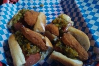 Photo of Victory Lounge - Seattle, WA, US. The "Inferno Dog" (chopped up)