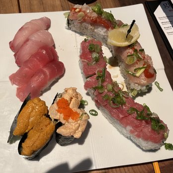 Ginza Sushi - yellowtail, maguro, scallops and uni nigiri  911 roll and Ceviche roll - Sushi Bars Near Me - Tucson, Arizona