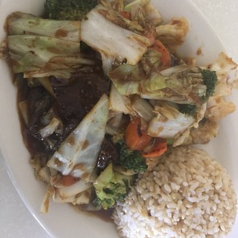 Loving Hut - Mixed vegetables with soy protein, with brown rice. It was tastier than it looked! - Vegan Near Me - Orange, California Loving Hut - Mixed vegetables with soy protein, with brown rice. It was tastier than it looked! - Vegan Near Me - Orange, California