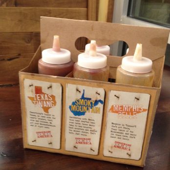 Mission BBQ - 3 of the 6 homemade BBQ sauces on your table to enjoy! - American Near Me - Warminster, Pennsylvania Mission BBQ - 3 of the 6 homemade BBQ sauces on your table to enjoy! - American Near Me - Warminster, Pennsylvania