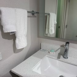 La Quinta Inn & Suites - The towels we had. Just enough for one. Plus small black bugs from the sink drain