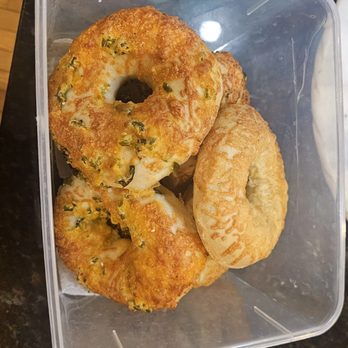Bagel Time - Some of the delicious jalapeno bagels, seal in a plastic container to keep them soft longer ! - Bagels Near Me - Worcester, Massachusetts