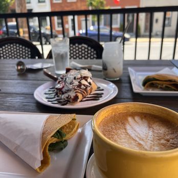 Rachel's Cafe & Creperie - Mediterranean Crepe with Cheese Turtle cheesecake crepe Almond milk Cafe Latte - Creperies Near Me - Lancaster, Pennsylvania