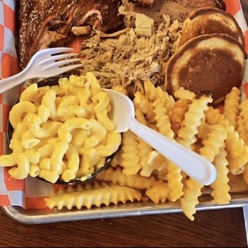 Slick Pig BBQ - #5 Combo Platter with Slow Smoked Beef Brisket, BBQ Pork, and Ribs. For the sides we picks Mac and Cheese/ French Fries. - Barbeque Near Me - Murfreesboro, Tennessee Slick Pig BBQ - #5 Combo Platter with Slow Smoked Beef Brisket, BBQ Pork, and Ribs. For the sides we picks Mac and Cheese/ French Fries. - Barbeque Near Me - Murfreesboro, Tennessee