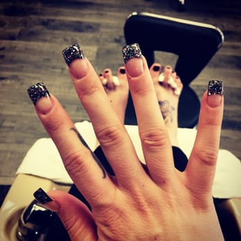 Nails N Beyond - Full set with black and rainbow glitter tips!! Pedi with black and glitter too!! - Nail Salons Near Me - Los Angeles, California