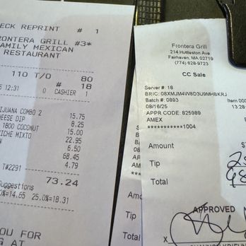 Frontera Grill Mexican Restaurant - Bill - Mexican Near Me - Fairhaven, Massachusetts