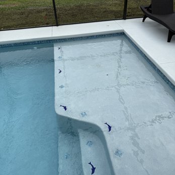 Pools By Warren Construction - Sun deck with insets of Dolphins and Diamonds. - Pool & Hot Tub Service Near Me - Lecanto, Florida Pools By Warren Construction - Sun deck with insets of Dolphins and Diamonds. - Pool & Hot Tub Service Near Me - Lecanto, Florida