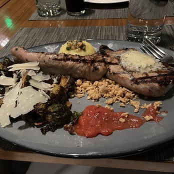 Altius - Pork chop with prickly pear compote, pan-fried brussels sprouts, buttery potatoes. - New American Near Me - Pittsburgh, Pennsylvania Altius - Pork chop with prickly pear compote, pan-fried brussels sprouts, buttery potatoes. - New American Near Me - Pittsburgh, Pennsylvania