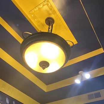 D.P.  Dough - a ceiling with yellow and blue stripes - Fast Food Near Me - Morgantown, West Virginia