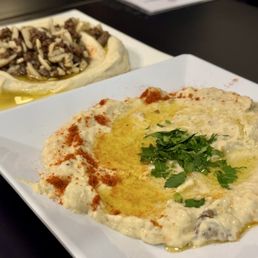 Levant - Baba Ganaouj (front), Hummus with Shawarma (back) - food, baba ganaouj, with, baba, hummus, ganaouj, hummus with shawarma, shawarma, tacos - Salad Near Me - Astoria, New York