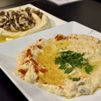 Levant - Baba Ganaouj (front), Hummus with Shawarma (back) - Salad Near Me - Astoria, New York