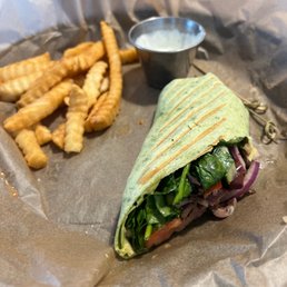 Last half of my yummy veggie wrap with fries and ranch! Last half of my yummy veggie wrap with fries and ranch!