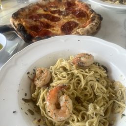 Cacio y Pepe with shrimp & pepperoni pizza. & Aglio Olio E Peperoncino with spicy sausage.